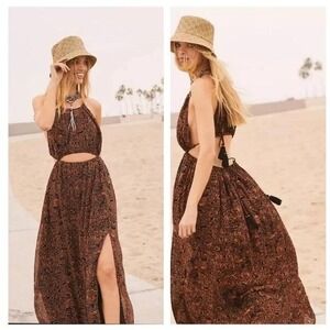 Free People Holy Smokes OOS rare sexy Maxi Dress Orange Black Boho Fall Size M